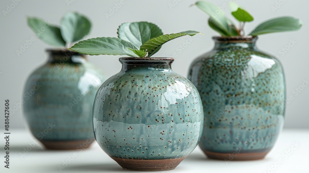 Three Blue and Green Ceramic Vases with Plants Three Blue and Green Ceramic Vases with Plants