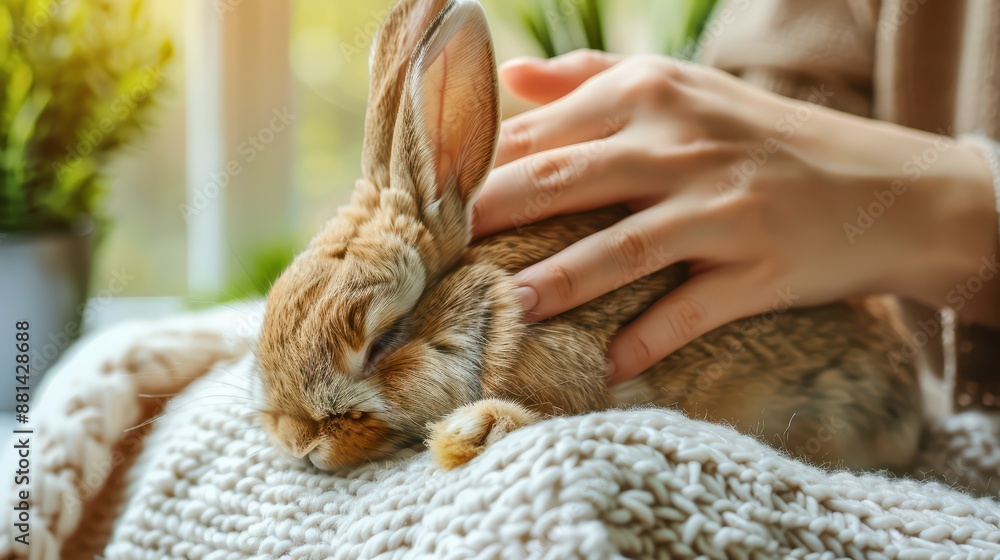 A cute Rabbit is wrapped in a soft blanket. relaxing and enjoying animal massage. A rabbit in hands. A cute Rabbit is wrapped in a soft blanket. relaxing and enjoying animal massage. A rabbit in hands.