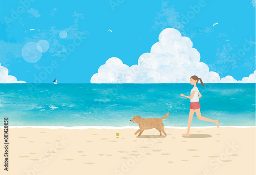 ゴールデンレトリバーとビーチで遊ぶ女性と海の景色水彩