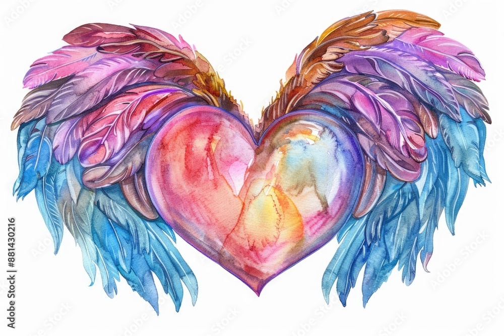 Fototapeta premium Vibrant watercolor illustration of a heart with colorful wings, perfect for romantic, artistic, and inspirational themes.