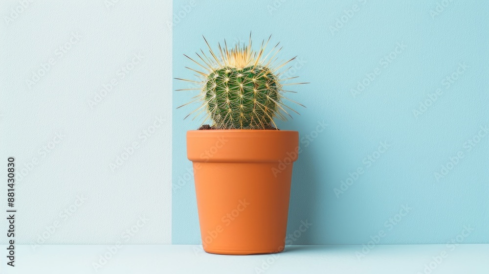 Tiny homegrown spiky cactus in a brown pot on a white and blue backdrop Tiny homegrown spiky cactus in a brown pot on a white and blue backdrop