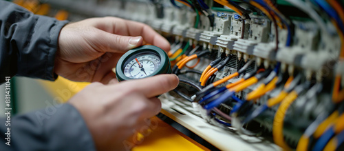 Engineers hand using an AC voltmeter photo