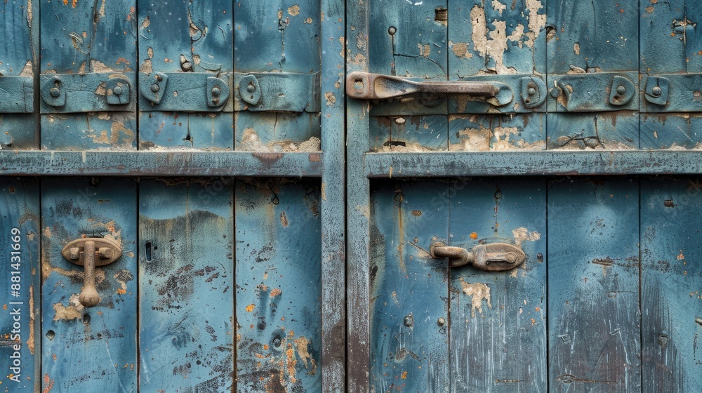 Weathered blue paint locks the massive latch on the garage double wings door Weathered blue paint locks the massive latch on the garage double wings door