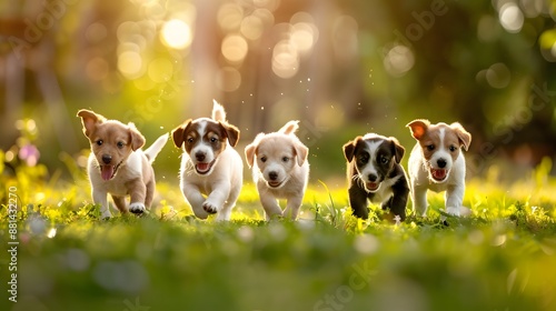 Joyful Furry Friends: Group of Playful Puppies Having a Delightful Time in a Beautiful Garden