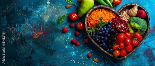 A vibrant photo showcasing a heart shaped bowl filled with nutritious diet foods, including fresh fruits, vegetables, and whole grains, promoting heart health and cardiovascular wellness. 