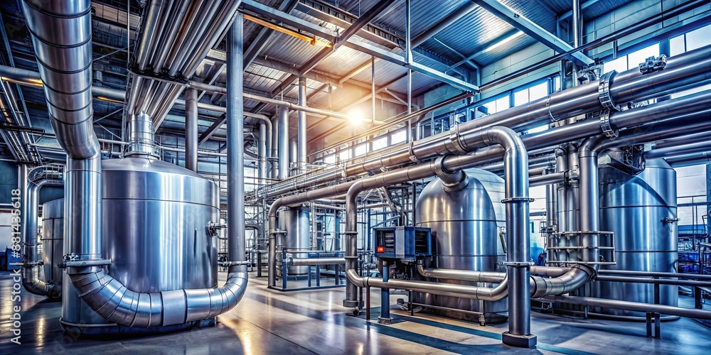 Industrial veins, pipes and tanks winding through a factory, supplying the energy needed for production, factory Industrial veins, pipes and tanks winding through a factory, supplying the energy needed for production, factory