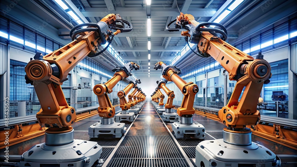 Robotic precision arms assembling a futuristic frame for transportation , automation, technology Robotic precision arms assembling a futuristic frame for transportation , automation, technology