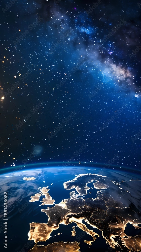 Fototapeta premium Aerial view of Europe at night with glowing city lights and cosmic starry sky. Astronomy concept