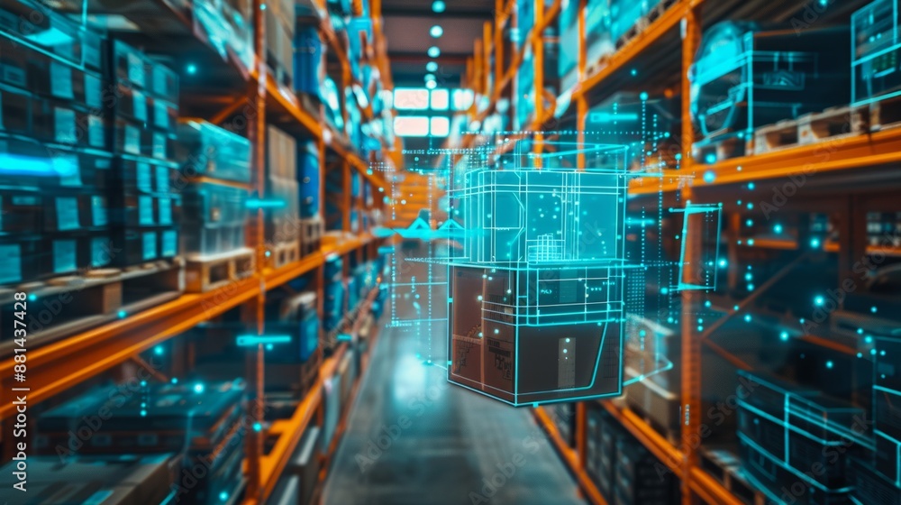 Smart warehouse management system using augmented reality technology to identify package picking and delivery . Future concept of supply chain and logistic business Smart warehouse management system using augmented reality technology to identify package picking and delivery . Future concept of supply chain and logistic business