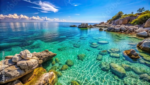 Pristine rocky shoreline meets turquoise sea under clear blue sky on a sunny day, serene, tranquil, coastal, nature
