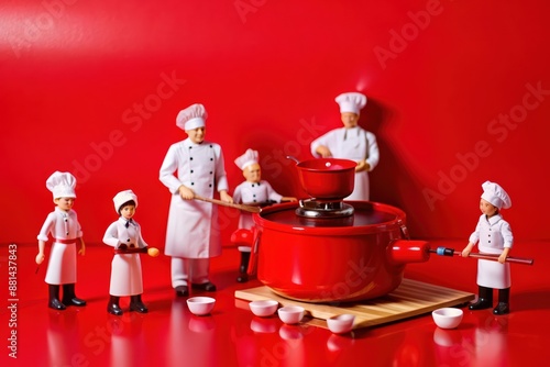 Miniature family cooking in the kitchen together