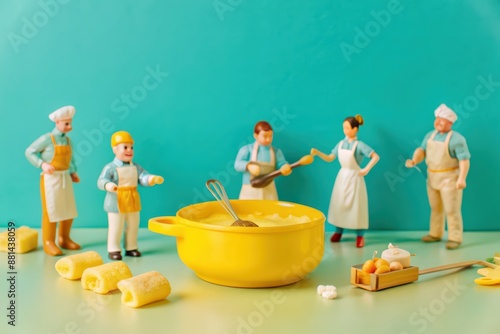 Miniature family cooking in the kitchen together