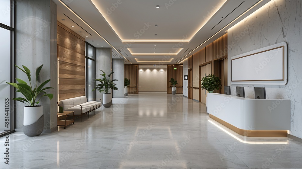 Empty white signboard in a hospital lobby, positioned near a reception desk with modern decor Empty white signboard in a hospital lobby, positioned near a reception desk with modern decor