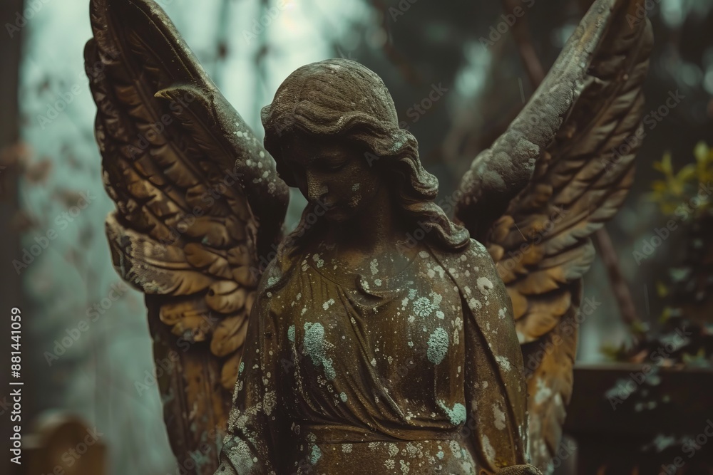 Obraz premium Close-up of stone angel statue with aging details