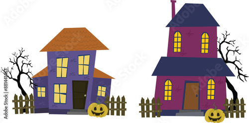Halloween House. Horror building with Halloween pumpkins in front of it