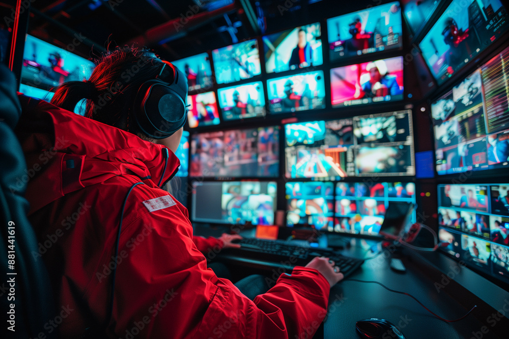 Fototapeta premium A young adult in a red jacket is seated in a dark control room, surrounded by an array of vibrant monitors displaying various colorful media, meticulously controlling