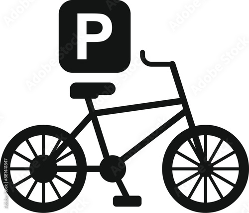 Simple black and white icon depicting a bicycle with a parking sign, indicating a designated parking zone for bikes