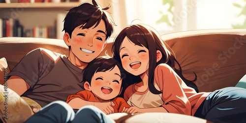 family hugs happy and smiles on sofa anime cartoon