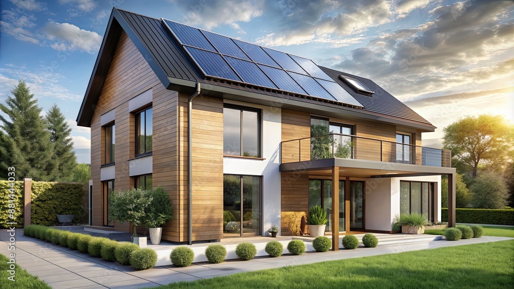 Modern sustainable house with solar panels and recycled materials , eco-friendly Modern sustainable house with solar panels and recycled materials , eco-friendly