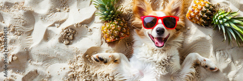 Dog lying on beach sand enjoying summer photo