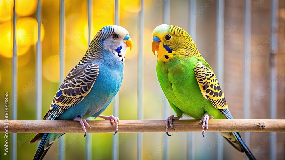 Obraz premium Two differently coloured budgies sitting on a perch in a cage, looking at each other, budgie, bird, colorful, feathered, parakeet, pet