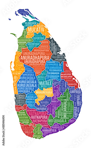 Sri Lanka shape. Country word cloud with region division. Sri Lanka colored illustration. Region names cloud. Vector illustration.