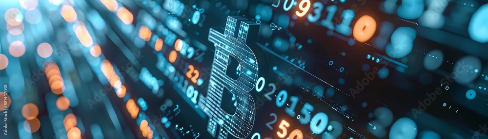Futuristic digital data concept with glowing numbers and blockchain symbol, abstract technology background Futuristic digital data concept with glowing numbers and blockchain symbol, abstract technology background