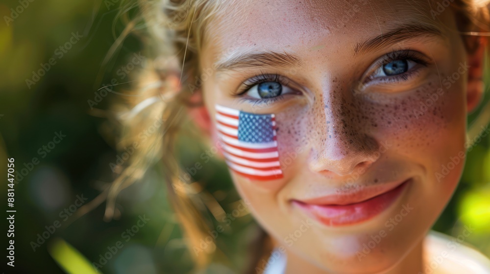 Young woman with an American flag on her cheek Young woman with an American flag on her cheek