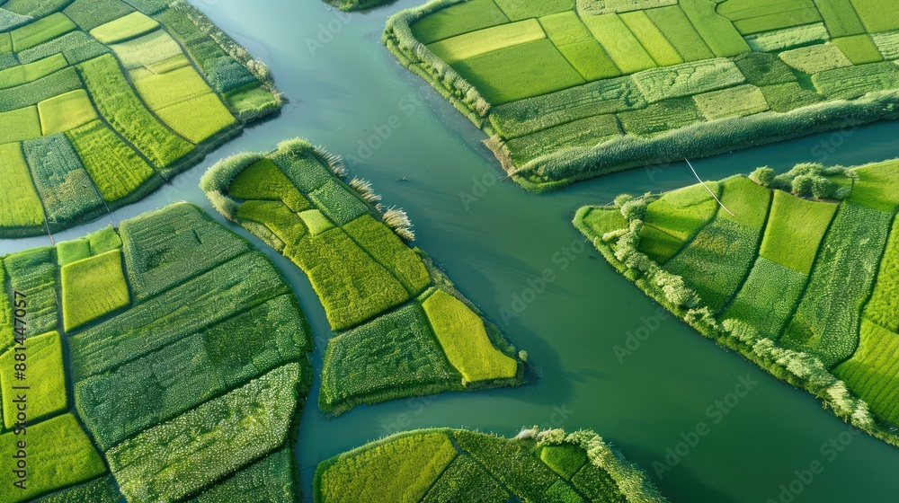 Obraz premium The top-down view captures the geometric patterns of green agricultural fields intersected by waterway