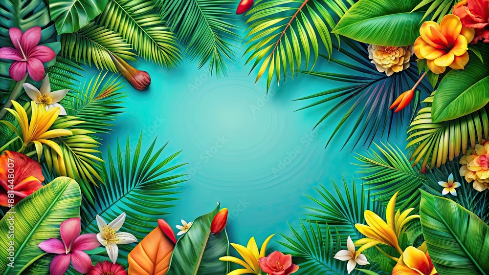 Tropical frame graphic resource background with palm leaves, flowers and vibrant colors, tropical, frame, graphic Tropical frame graphic resource background with palm leaves, flowers and vibrant colors, tropical, frame, graphic