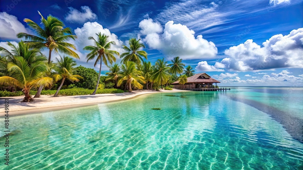 Obraz premium Luxurious tropical resort surrounded by palm trees and crystal clear ocean waters, luxury, vacation, paradise, relaxation