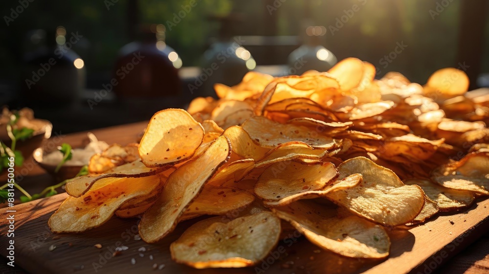 Potato Chips with a sprinkling of savory salty spices on a wooden table with a blurred background Potato Chips with a sprinkling of savory salty spices on a wooden table with a blurred background