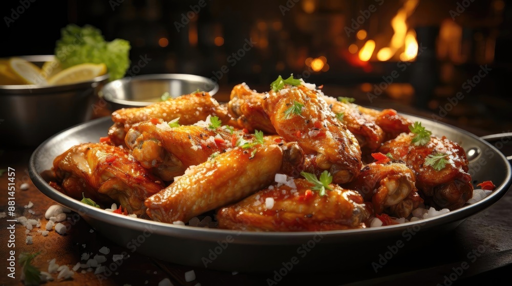 Buffalo wings with melted hot sauce on a wooden table with a blurred background Buffalo wings with melted hot sauce on a wooden table with a blurred background