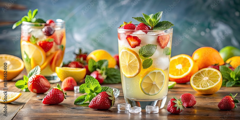 Refreshing lemonade with a variety of fruits and crushed ice, perfect for a hot summer day, tasty, sweet, lemonade, fruits Refreshing lemonade with a variety of fruits and crushed ice, perfect for a hot summer day, tasty, sweet, lemonade, fruits