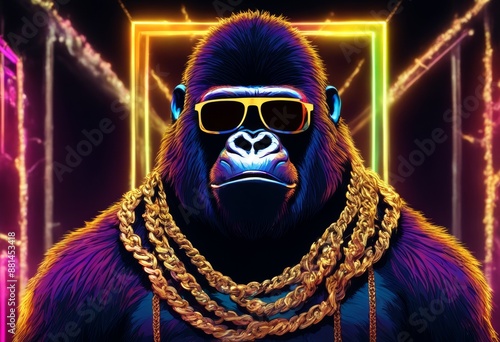 the colorful background shining drawing darkness gorilla standing neon vividly rapper upright sunglasses chain black aring position gold rap monkey music hip hop groove beat lyric strut