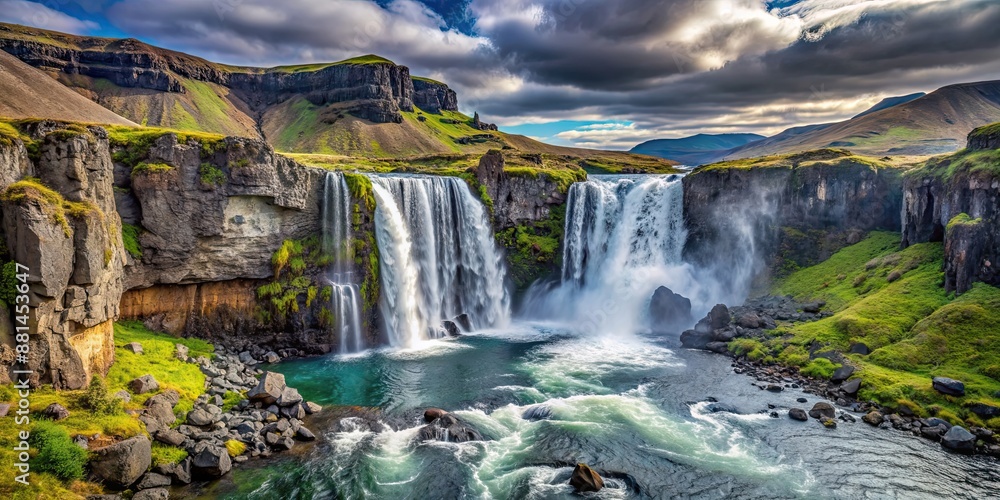 Spectacular waterfall in Iceland with powerful cascading water surrounded by rocky cliffs , Gullfoss, Iceland, Golden Falls Spectacular waterfall in Iceland with powerful cascading water surrounded by rocky cliffs , Gullfoss, Iceland, Golden Falls