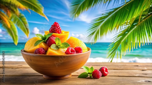 Fototapeta Naklejka Na Ścianę i Meble -  Tropical sorbet bowl with mango, raspberry, and lime on a beach with palm trees and ocean in the background, Tropical, sorbet