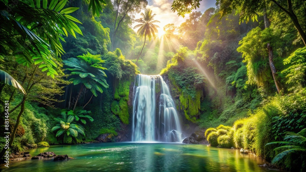 Majestic waterfall in lush tropical rainforest, surrounded by vibrant green foliage and illuminated by soft sunlight Majestic waterfall in lush tropical rainforest, surrounded by vibrant green foliage and illuminated by soft sunlight