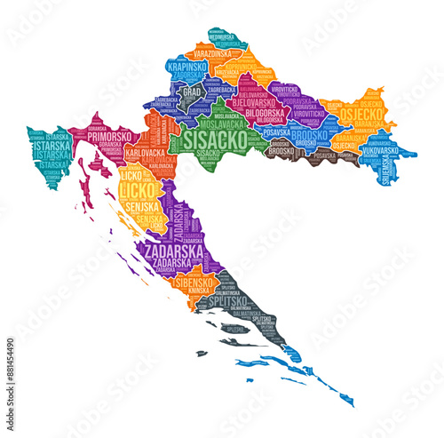 Croatia shape with a country word cloud and region division. Colored vector illustration.