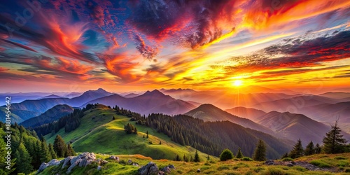 Mountain landscape with vibrant colors at sunset, mountain, landscape, sunset, vibrant, colorful, sky, clouds, nature, beauty, evening