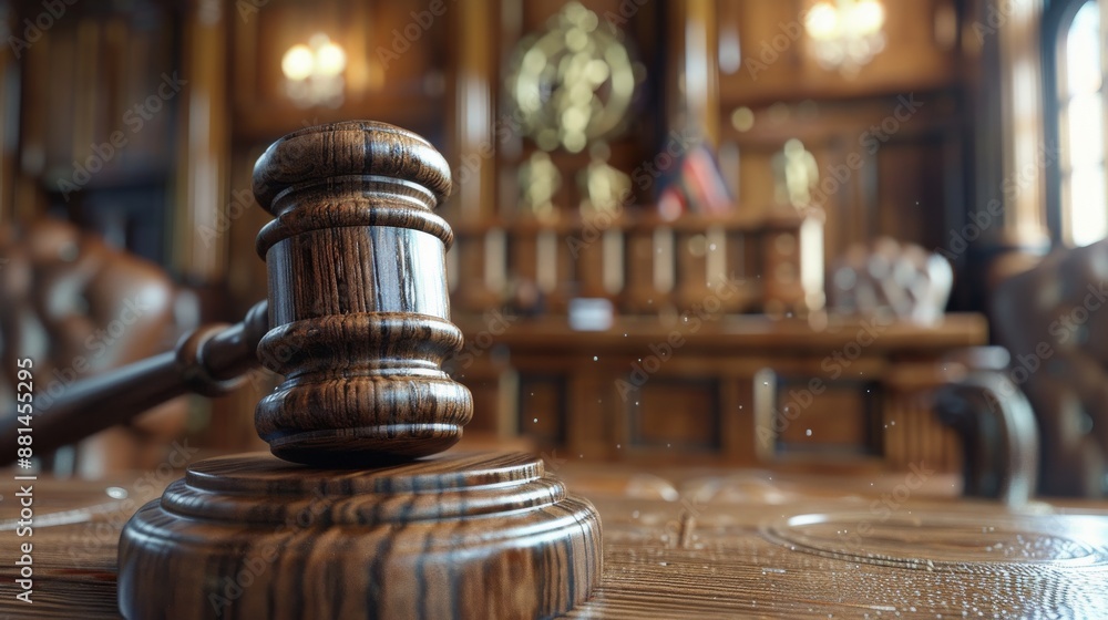 Justice in Action: Ultra-Realistic Close-Up of a Judge's Gavel Striking a Sound Block in a Brightly Lit Courtroom Justice in Action: Ultra-Realistic Close-Up of a Judge's Gavel Striking a Sound Block in a Brightly Lit Courtroom