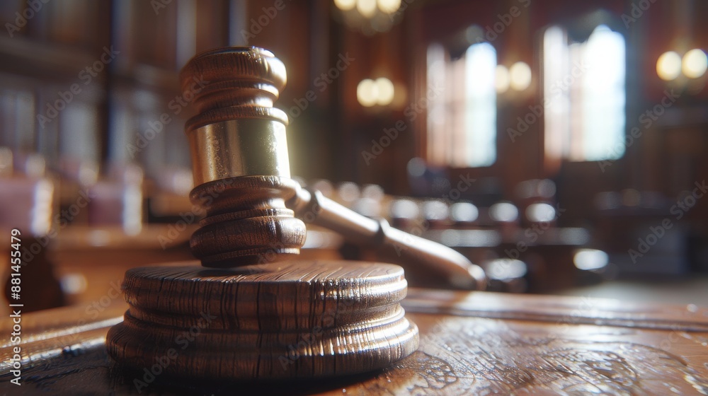 Justice in Action: Ultra-Realistic Close-Up of a Judge's Gavel Striking a Sound Block in a Brightly Lit Courtroom Justice in Action: Ultra-Realistic Close-Up of a Judge's Gavel Striking a Sound Block in a Brightly Lit Courtroom