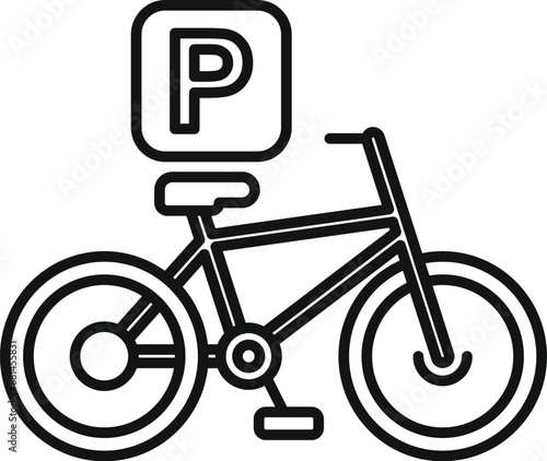 Line art icon of a bicycle parked under parking sign promoting safe and organized bicycle parking