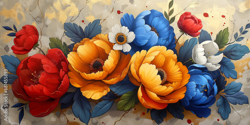 パネルの壁アート、壁の装飾、花のデザインの大理石の背景