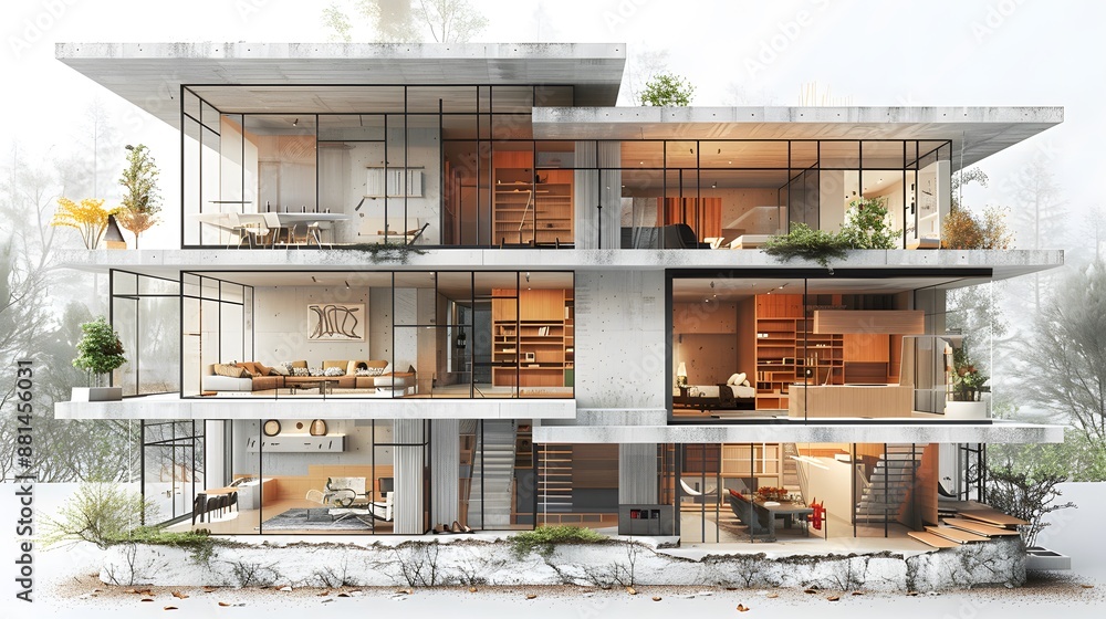 A large, modern house with many rooms and a lot of glass windows - generative AI A large, modern house with many rooms and a lot of glass windows - generative AI