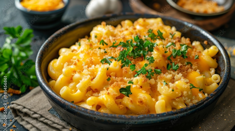 A bowl of homemade macaroni and cheese with gooey melted cheddar cheese and breadcrumbs on top. A bowl of homemade macaroni and cheese with gooey melted cheddar cheese and breadcrumbs on top.