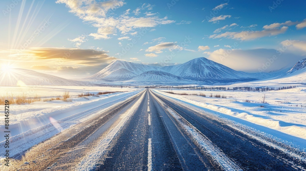 Snowy Road Leading to Mountain Range Under a Blue Sky Snowy Road Leading to Mountain Range Under a Blue Sky