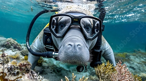 Manatee in a scuba diver’s outfit, exploring a coral reef