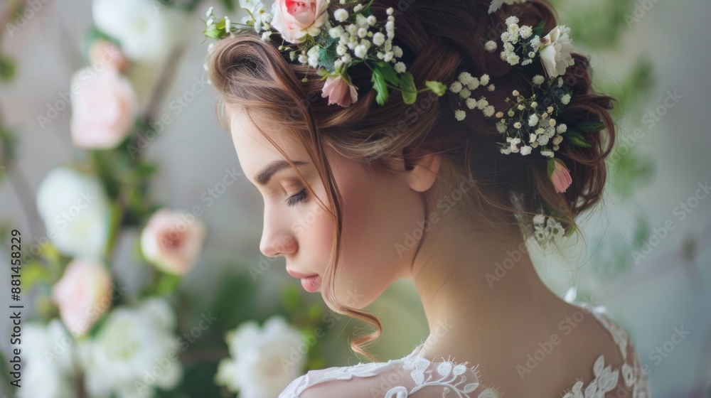A bride with an elegant updo hairstyle adorned with flowers, getting ready for her wedding day. A bride with an elegant updo hairstyle adorned with flowers, getting ready for her wedding day.