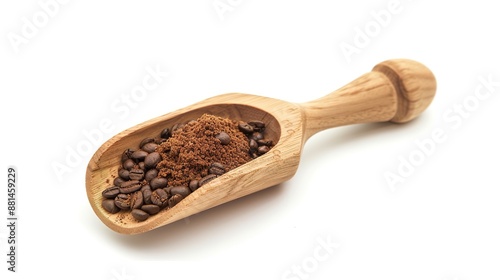 Wooden Coffee Scoop with Freshly Ground Coffee Beans on White Background